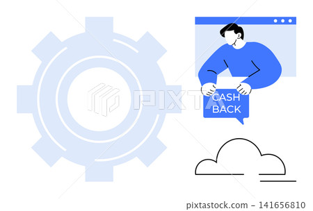 E-commerce, financial savings, digital payments, online shopping, cashback services, technology innovation. Person with cash back sign, gear cloud. E-commerce and financial savings idea E-commerce, financial savings, digital payments, online shopping, cashback services, technology innovation. Person with cash back sign, gear cloud. E-commerce and financial savings idea 141656810
