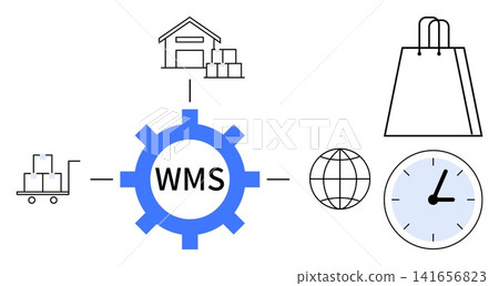 Logistics, supply chain, inventory management, automation, ecommerce, efficiency. Gear labeled WMS, warehouse shopping bag globe clock. Logistics and supply chain efficiency Logistics, supply chain, inventory management, automation, ecommerce, efficiency. Gear labeled WMS, warehouse shopping bag globe clock. Logistics and supply chain efficiency 141656823