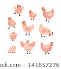 Cute chicken and chick character set, various poses, soft pastel colors, hand drawn farm bird. Easter designs, childrens products, nursery decor, stickers, greeting cards, fabrics, surface pattern 141657276