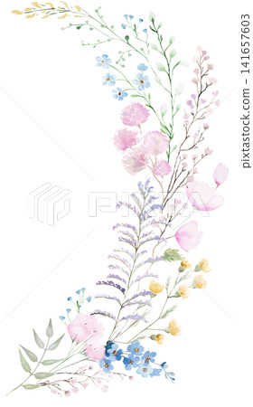 Watercolor floral bouquet with pastel wildflowers, isolated floral illustration for wedding stationery 141657603