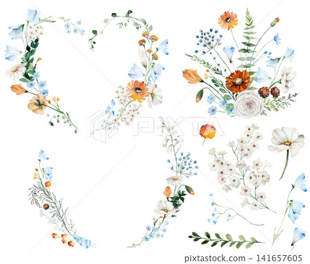 Watercolor clipart with blue, ivory and orange wildflowers, illustration for wedding stationery 141657605
