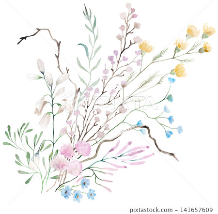 Floral bouquet with watercolor pastel wildflowers, botanical illustration for wedding stationery Floral bouquet with watercolor pastel wildflowers, botanical illustration for wedding stationery 141657609