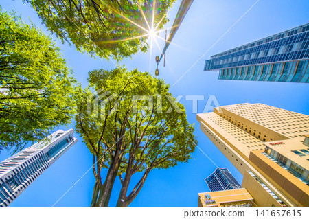 Yokohama cityscape, Japan, July 20th. In front of Sakuragicho Station. Yokohama Landmark Tower and Washington Hotel H are visible in the distance. 141657615
