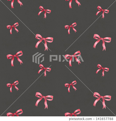 Red ribbon bow seamless minimal watercolor pattern on gray. Hand painted simple festive element, organic spacing, modern clean design perfect for wrapping paper, textile, branding and holiday products Red ribbon bow seamless minimal watercolor pattern on gray. Hand painted simple festive element, organic spacing, modern clean design perfect for wrapping paper, textile, branding and holiday products 141657788