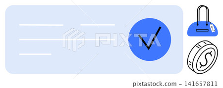 Payment security, online transactions, e-commerce, shopping, digital wallets, and authentication. A check mark with a handbag and coin. Payment security and online transactions concept 141657811