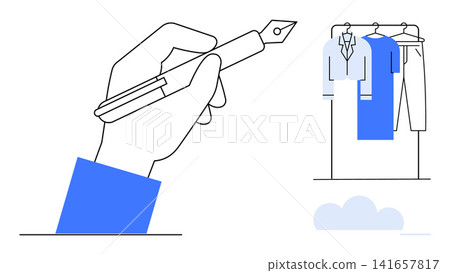 Creativity, fashion, design, art, sketching, and retail concepts. A hand holding a pen next to hanging clothes. Creativity and fashion blend in this minimalist composition Creativity, fashion, design, art, sketching, and retail concepts. A hand holding a pen next to hanging clothes. Creativity and fashion blend in this minimalist composition 141657817