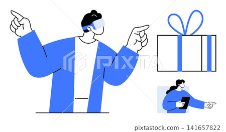 Virtual reality, digital interaction, technology trends, modern gifts, online shopping, user interface design. Person wearing VR goggles pointing, gift box and figure holding tablet. Virtual reality Virtual reality, digital interaction, technology trends, modern gifts, online shopping, user interface design. Person wearing VR goggles pointing, gift box and figure holding tablet. Virtual reality 141657822
