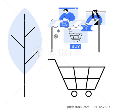 E-commerce, cashback, discounts, sustainability, online shopping, eco-conscious retail. Digital interface cart and offers with a leaf symbol. E-commerce and sustainability concepts E-commerce, cashback, discounts, sustainability, online shopping, eco-conscious retail. Digital interface cart and offers with a leaf symbol. E-commerce and sustainability concepts 141657823