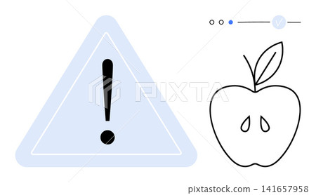 Food safety, caution, nutrition awareness, healthy choices, consumer alerts, risk management. A triangle with an exclamation mark and an apple icon. Food safety and caution concept Food safety, caution, nutrition awareness, healthy choices, consumer alerts, risk management. A triangle with an exclamation mark and an apple icon. Food safety and caution concept 141657958