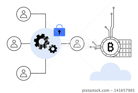 Blockchain, data encryption, transaction security, decentralized systems, cryptocurrency, cloud computing. Blockchain icon with bitcoin and secure connections. Blockchain and data encryption Blockchain, data encryption, transaction security, decentralized systems, cryptocurrency, cloud computing. Blockchain icon with bitcoin and secure connections. Blockchain and data encryption 141657985
