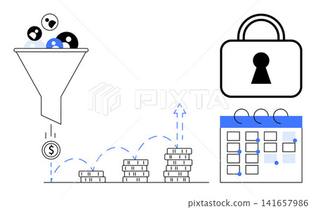 Data monetization, privacy protection, finance growth, data-driven decisions, business metrics, secure systems. Funnel filtering user data, rising coins lock and a calendar. Data monetization 141657986