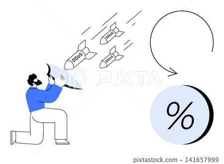 Cybersecurity, DDoS attack prevention, data protection, digital defense, network security, online threat management. Visual of a person using a shield to block labeled missiles. Cybersecurity Cybersecurity, DDoS attack prevention, data protection, digital defense, network security, online threat management. Visual of a person using a shield to block labeled missiles. Cybersecurity 141657999