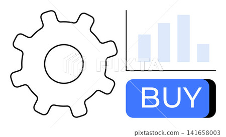 E-commerce, automation, data analysis, business growth, technology, online shopping. Gear, bar chart and buy button arrangement. e-commerce and automation E-commerce, automation, data analysis, business growth, technology, online shopping. Gear, bar chart and buy button arrangement. e-commerce and automation 141658003