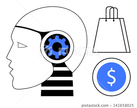 E-commerce, artificial intelligence, machine learning, digital economy, retail innovation, automation. A robotic head with a gear, shopping bag and currency symbol. E-commerce and artificial 141658025