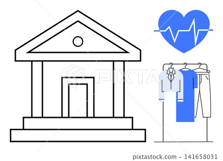 Banking, healthcare, retail industries, commerce, design elements, informational concepts. Black outline of a building, a blue heart with a heartbeat line hanging clothes. Banking and healthcare Banking, healthcare, retail industries, commerce, design elements, informational concepts. Black outline of a building, a blue heart with a heartbeat line hanging clothes. Banking and healthcare 141658031