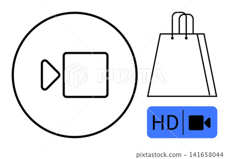 E-commerce, online shopping, video marketing, digital media, HD quality, streaming services. A shopping bag, video play icon and HD label. E-commerce and online shopping concept 141658044