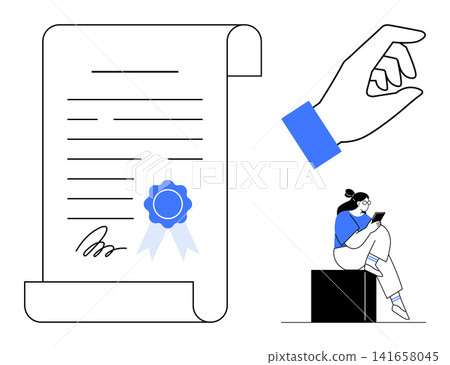 Digital verification, document approval, online learning, remote work, educational certificates, technology upgrades. A hand piece, certificate scroll, and person focused on online activities Digital verification, document approval, online learning, remote work, educational certificates, technology upgrades. A hand piece, certificate scroll, and person focused on online activities 141658045