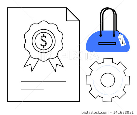 Business certification, e-commerce, financial transactions, product design, trade policies, and innovation. Document with a money symbol, shopping bag tag and gear. E-commerce and financial Business certification, e-commerce, financial transactions, product design, trade policies, and innovation. Document with a money symbol, shopping bag tag and gear. E-commerce and financial 141658051