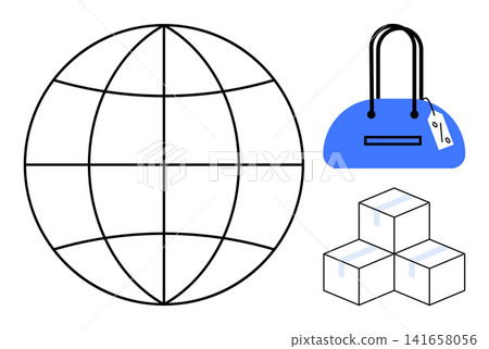 Ecommerce, global trade, shipping, retail logistics, international business, product supply chain. Globe, handbag with tag and stacked boxes. Ecommerce and global trade concept Ecommerce, global trade, shipping, retail logistics, international business, product supply chain. Globe, handbag with tag and stacked boxes. Ecommerce and global trade concept 141658056
