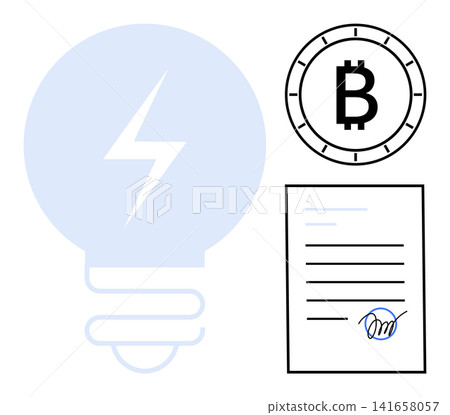 Cryptocurrency, blockchain technology, digital economy, smart contracts, energy efficiency, secure transactions. Bitcoin symbol, digital signature and light bulb. Cryptocurrency and blockchain 141658057