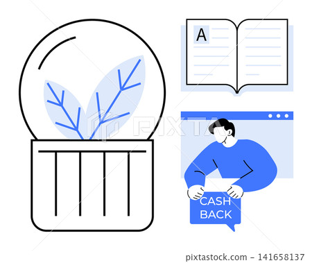 Financial planning, eco-conscious living, cashback offers, digital interactions, online systems, personal finance. A plant in a jar, a man with cashback text and an open book. Financial planning Financial planning, eco-conscious living, cashback offers, digital interactions, online systems, personal finance. A plant in a jar, a man with cashback text and an open book. Financial planning 141658137