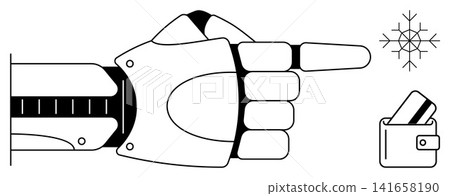 Automation, technology finance, AI integration, robotics, payment systems, digital economy. Robotic hand pointing at snowflake and wallet with cards. Automation and technology finance concept Automation, technology finance, AI integration, robotics, payment systems, digital economy. Robotic hand pointing at snowflake and wallet with cards. Automation and technology finance concept 141658190