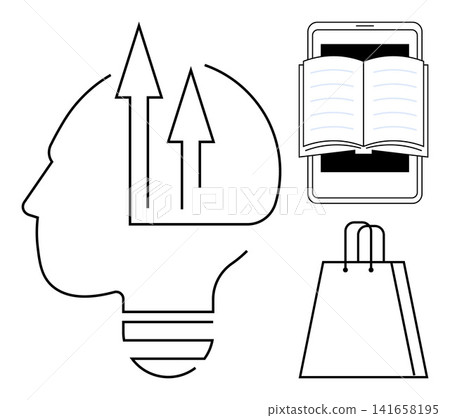 Business innovation, digital education, e-commerce, online shopping, creativity, knowledge expansion. Outline of a head with arrows, smartphone with book shopping bag. Business innovation Business innovation, digital education, e-commerce, online shopping, creativity, knowledge expansion. Outline of a head with arrows, smartphone with book shopping bag. Business innovation 141658195