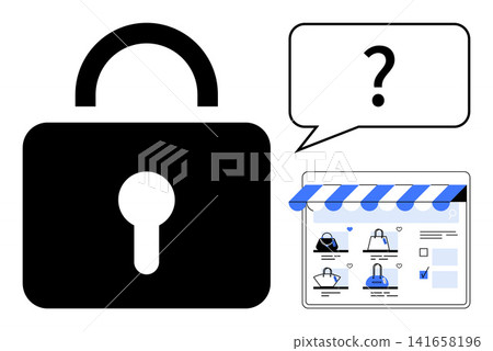 Data protection, e-commerce safety, online privacy, cybersecurity, digital access, secure transactions. A padlock with a question mark and an e-commerce website layout. Data protection and e-commerce Data protection, e-commerce safety, online privacy, cybersecurity, digital access, secure transactions. A padlock with a question mark and an e-commerce website layout. Data protection and e-commerce 141658196