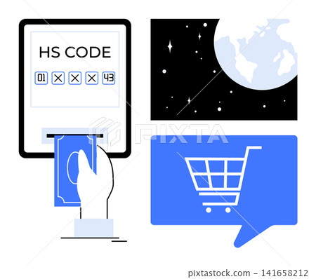 International trade, global transactions, e-commerce, logistics, payment systems, digital trade. HS code displayed with a payment hand, planet Earth and a shopping cart icon. International trade International trade, global transactions, e-commerce, logistics, payment systems, digital trade. HS code displayed with a payment hand, planet Earth and a shopping cart icon. International trade 141658212