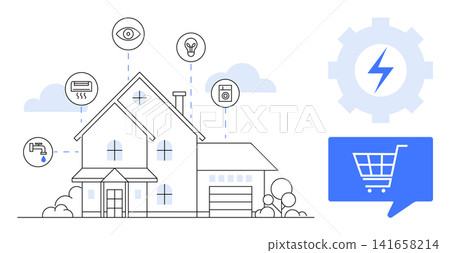 Smart homes, energy optimization, IoT integration, online shopping, home security, connected devices. A house with IoT icons smart features. Smart homes and energy optimization concept Smart homes, energy optimization, IoT integration, online shopping, home security, connected devices. A house with IoT icons smart features. Smart homes and energy optimization concept 141658214