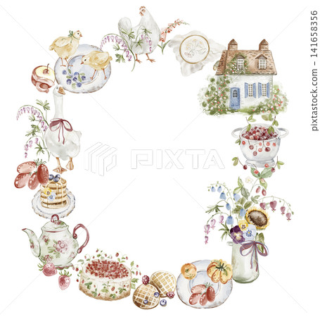 Cottagecore Wreath Frame Template, Watercolor Hand Painted Cottagecore Wreath Frame Template, Watercolor Hand Painted 141658356