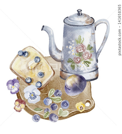 Breakfast Board with Toast and Teapot Watercolor Illustration Hand Painted Breakfast Board with Toast and Teapot Watercolor Illustration Hand Painted 141658365