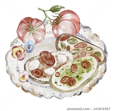 Bruschetta Watercolor Illustration with Tomatoes on Plate 141658367
