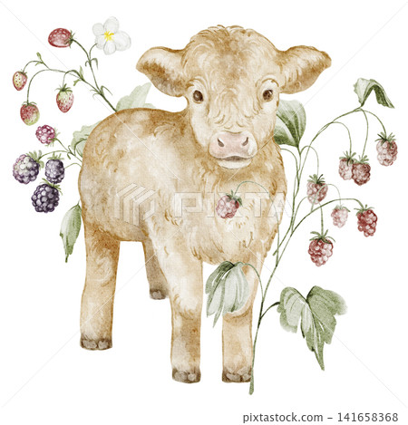 Brown Calf with Wild Berries Watercolor Illustration, Hand Painted 141658368