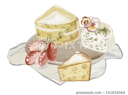 Cheese Board with Tomatoes Watercolor Illustration Hand Painted Cheese Board with Tomatoes Watercolor Illustration Hand Painted 141658369