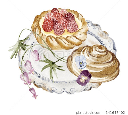 Dessert Plate Watercolor Illustration with Raspberry Dessert Plate Watercolor Illustration with Raspberry 141658402