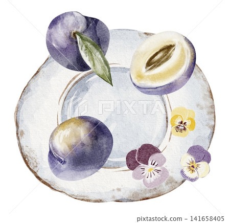 Plum Plate Watercolor Illustration with Violet Flowers Plum Plate Watercolor Illustration with Violet Flowers 141658405