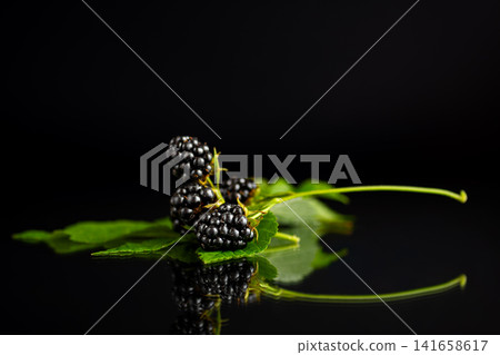 Juicy fresh blackberries arranged with green leaves on glossy black surface Juicy fresh blackberries arranged with green leaves on glossy black surface 141658617