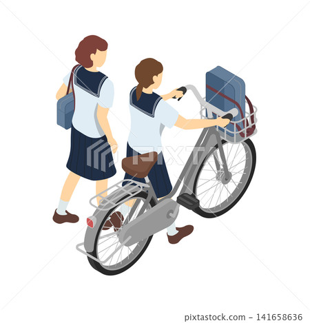 等距插圖:一名國中女生在行走,另一名國中女生在推自行車(穿著夏裝,在背景中)。 等距插圖:一名國中女生在行走,另一名國中女生在推自行車(穿著夏裝,在背景中)。 141658636