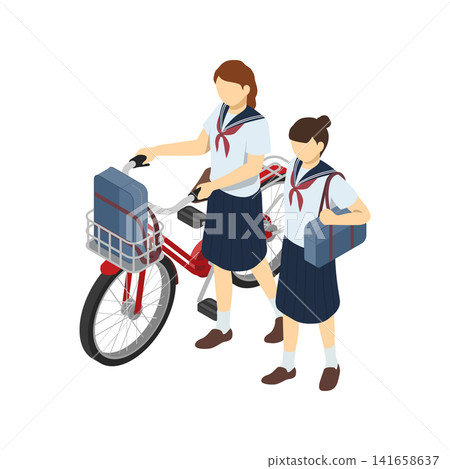 等距圖解:一名國中女生步行,另一名國中女生推著自行車(正面,夏季制服) 等距圖解:一名國中女生步行,另一名國中女生推著自行車(正面,夏季制服) 141658637