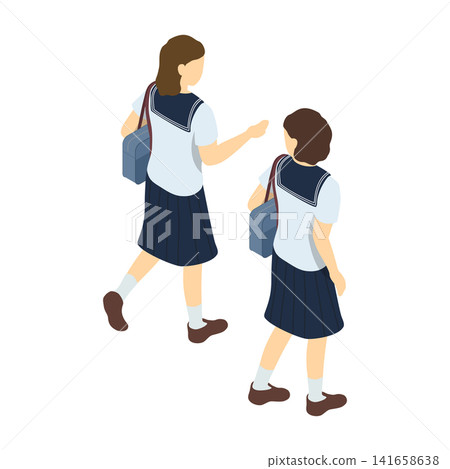 Isometric illustration: Two middle school girls walking (in summer clothes, in the background) Isometric illustration: Two middle school girls walking (in summer clothes, in the background) 141658638