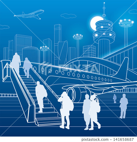 Modern airport terminal with passenger airplane, boarding stairs, travelers and futuristic city skyline. Blue line vector illustration for aviation, travel, tourism and transportation. Modern airport terminal with passenger airplane, boarding stairs, travelers and futuristic city skyline. Blue line vector illustration for aviation, travel, tourism and transportation. 141658687
