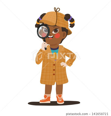 Cute young detective girl with magnifying glass wearing plaid coat isolated on white Cute young detective girl with magnifying glass wearing plaid coat isolated on white 141658721