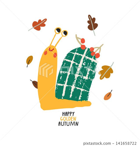 Cute autumn snail with red berries falling leaves and happy golden autumn lettering Cute autumn snail with red berries falling leaves and happy golden autumn lettering 141658722