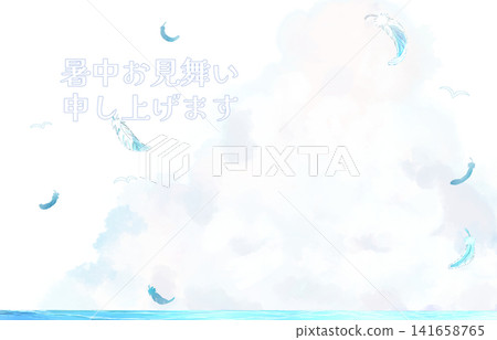 Summer greeting card: Cumulonimbus clouds, sea, white bird, feathers Summer greeting card: Cumulonimbus clouds, sea, white bird, feathers 141658765
