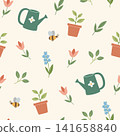 Cute spring garden seamless pattern with  watering can and  flowers 141658840