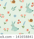 Cute spring garden seamless pattern with  rabbit, flowers, plants  and snail 141658841