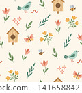 Cute spring garden seamless pattern with birds, birdhouse, flowers  and insects. 141658842