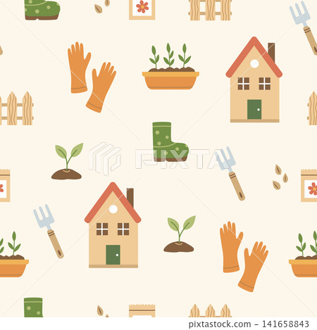 Cute spring garden seamless pattern with gardening tools, flowers and cottage house Cute spring garden seamless pattern with gardening tools, flowers and cottage house 141658843