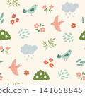 Cute spring garden seamless pattern with birds, flowers, plants  and clouds. 141658845